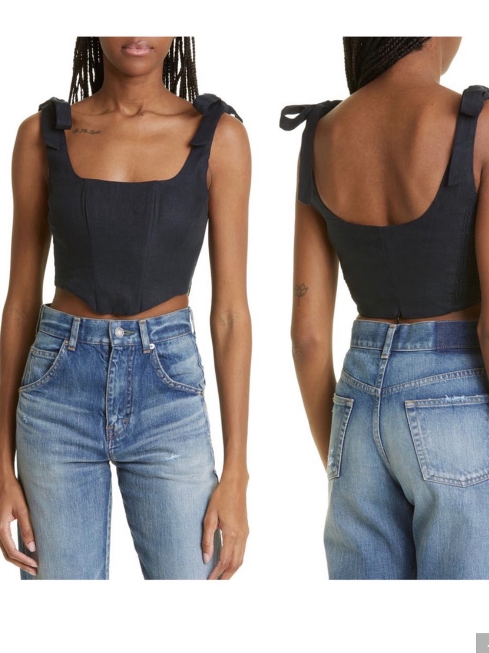 FARM Rio Black Linen Corset Tank with Tie Shoulder Bows